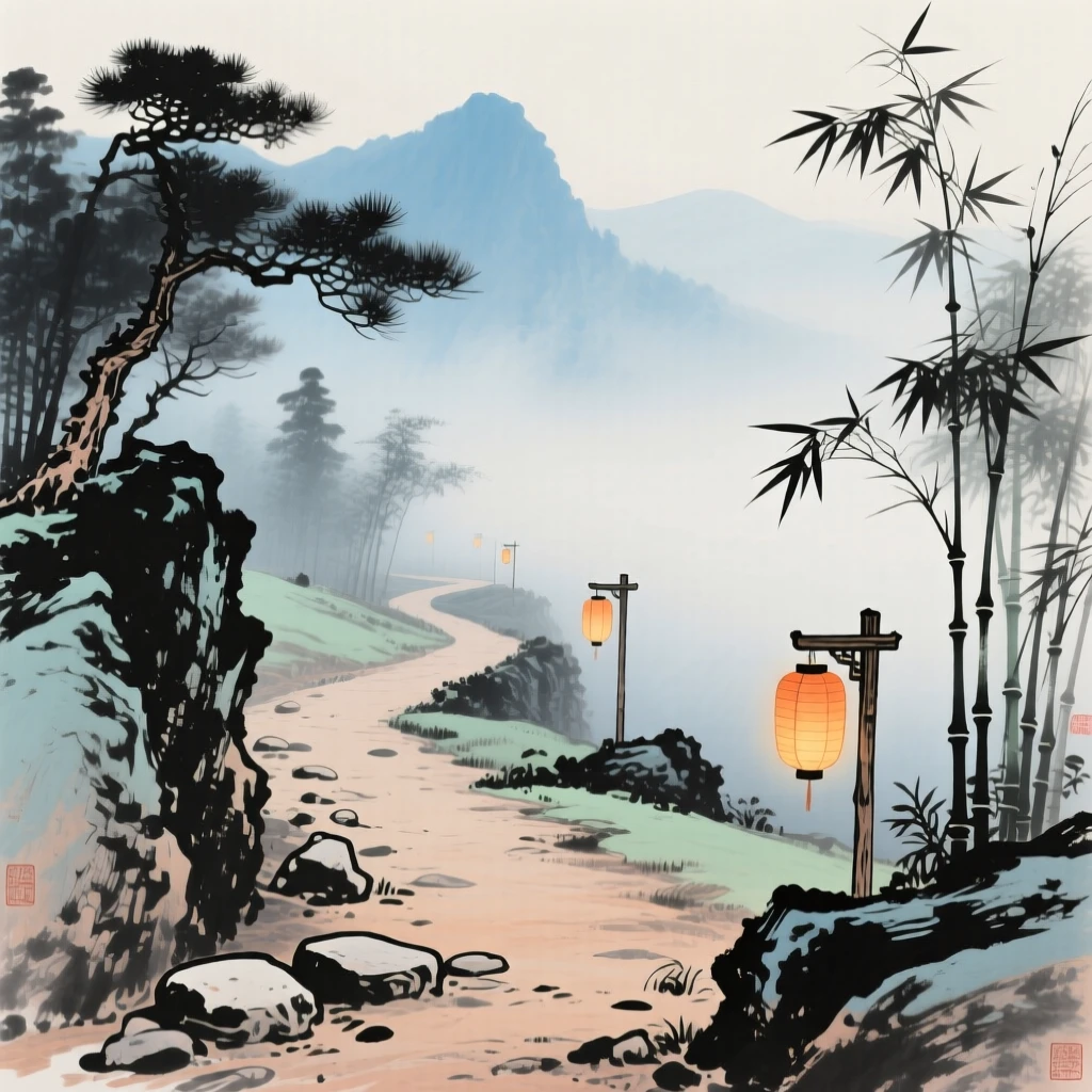 An empty mountain path disappearing into drifting fog, through a light drifting mist, as lanterns are lit for the evening.