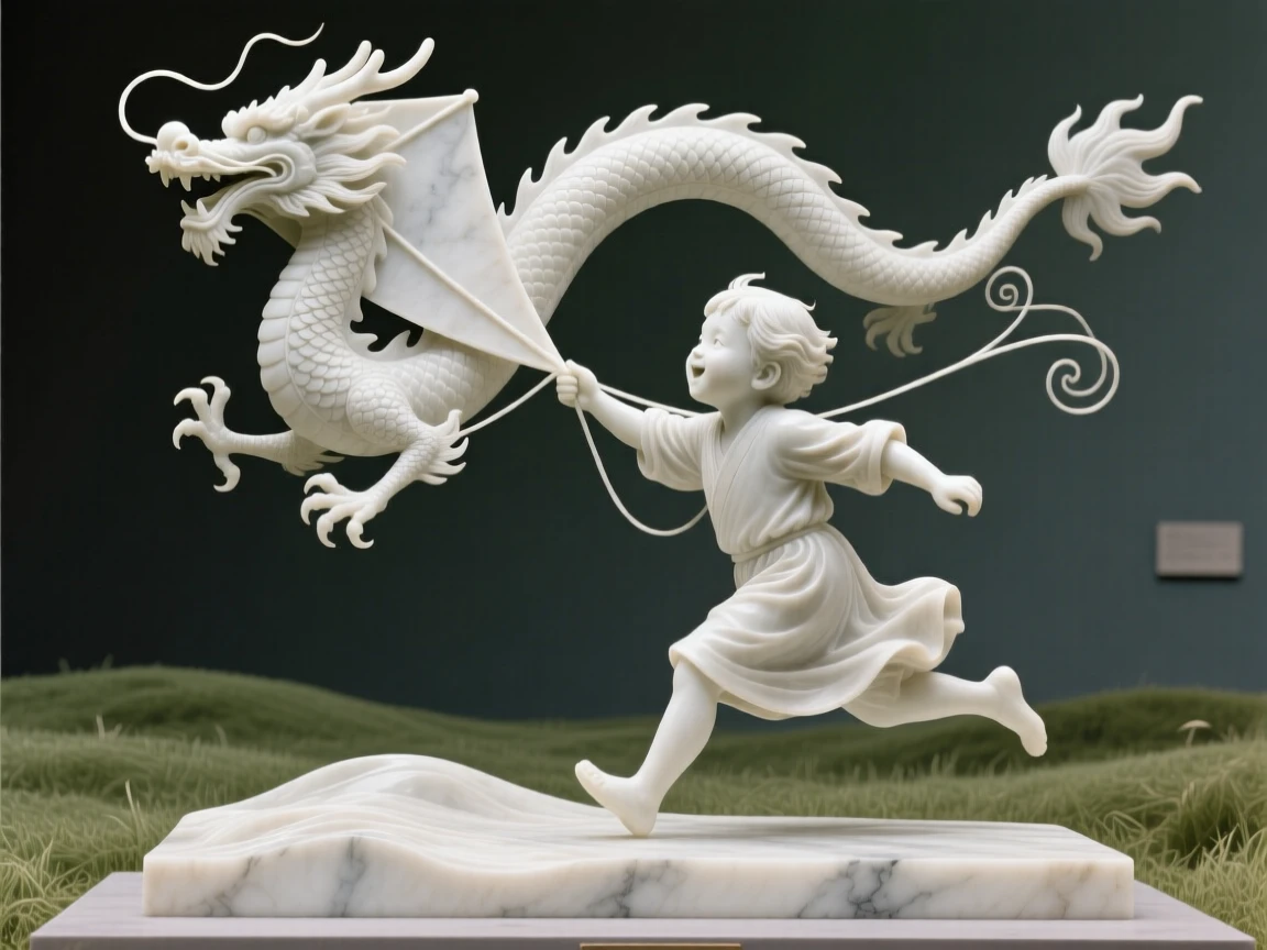 An evocative depiction of a child flying a kite shaped like a dragon, captured with cinematic depth and detail, balancing detail with emotional depth