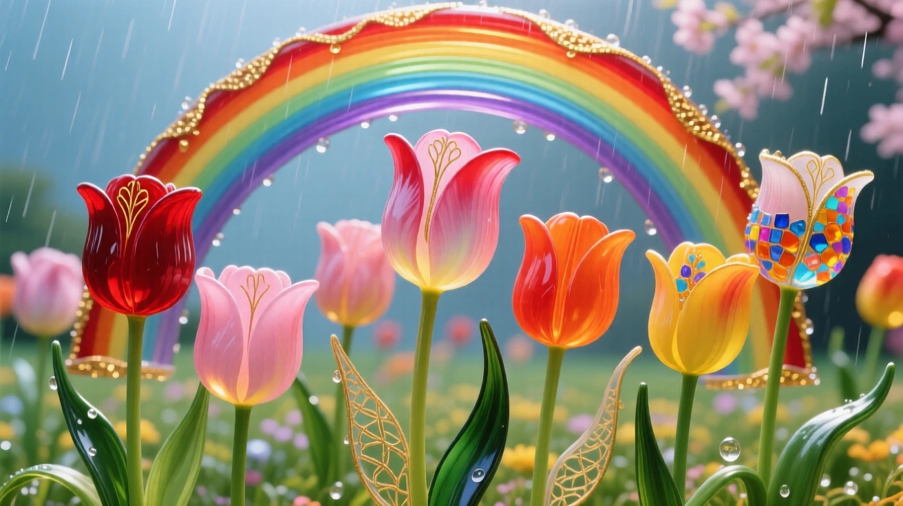 A field of blooming tulips glowing beneath a rainbow after spring rain, cheerful and hopeful.