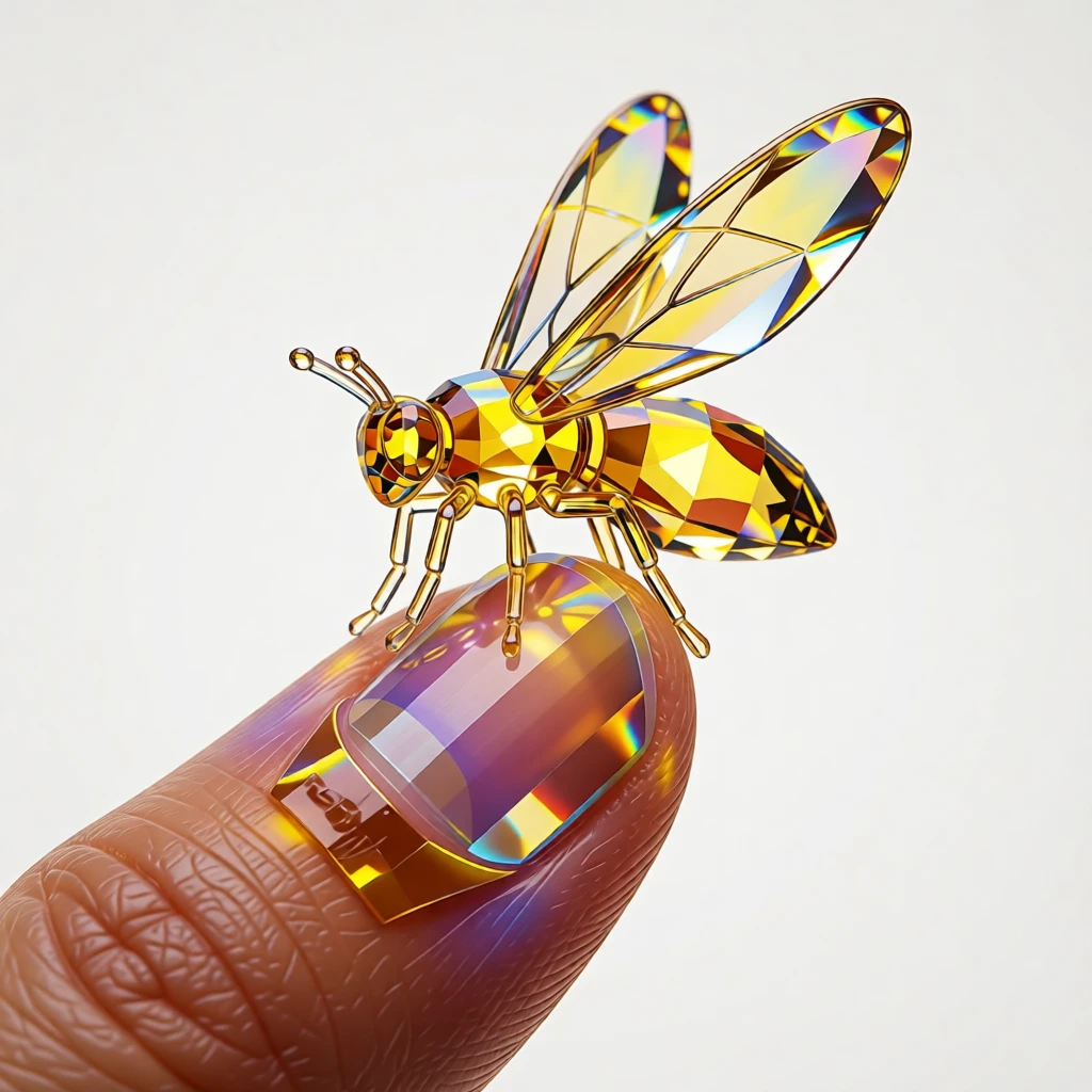 A miniature glowing firefly perched on a child's fingertip at dusk.