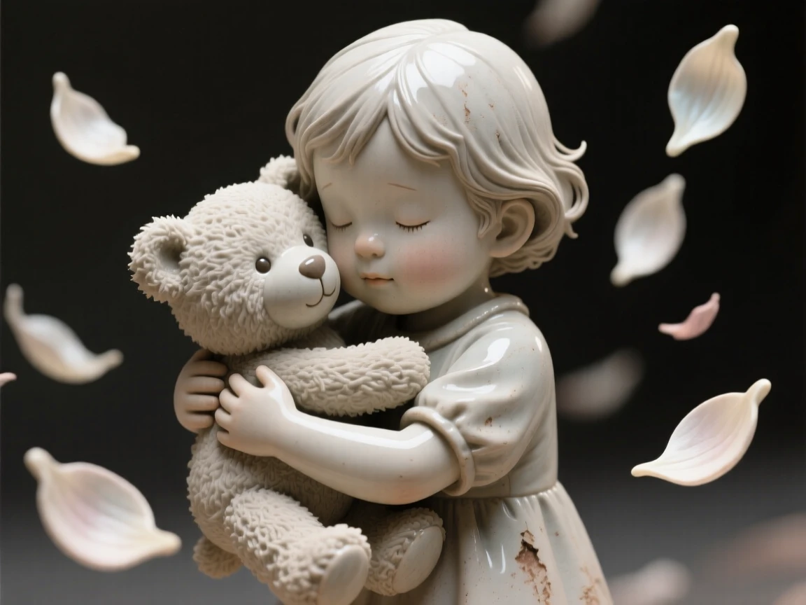 A child hugging a beloved stuffed animal captured in a fleeting moment of pure emotion, surrounded by softly falling petals, stirring nostalgia and heartfelt warmth.