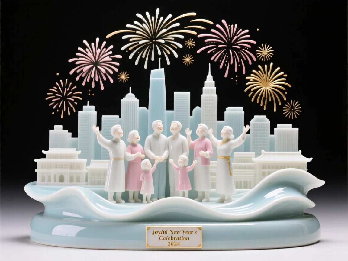 A joyful New Year's fireworks over a city skyline scene, families and friends gathered together happily.