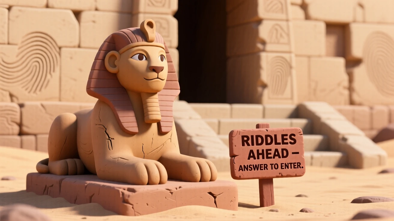 A sphinx posing riddles at the entrance to a desert temple