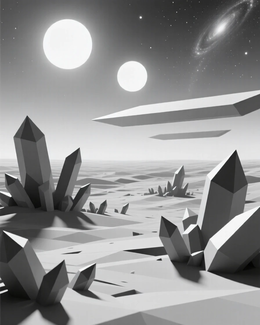 A crystalline alien landscape under twin suns, beneath the soft glow of distant galaxies. the composition uses a wide, immersive perspective. The mood feels futuristic and full of possibility.
