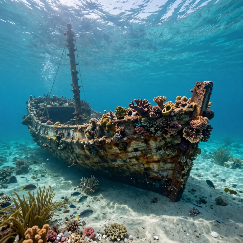 A shipwreck covered in coral and sponges drifting quietly in the crystal-clear waters of a tropical lagoon