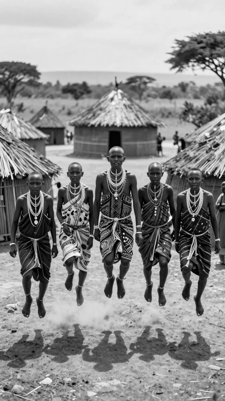 A group of Maasai warriors leap together in a coming-of-age ceremony beside a circle of traditional huts.
