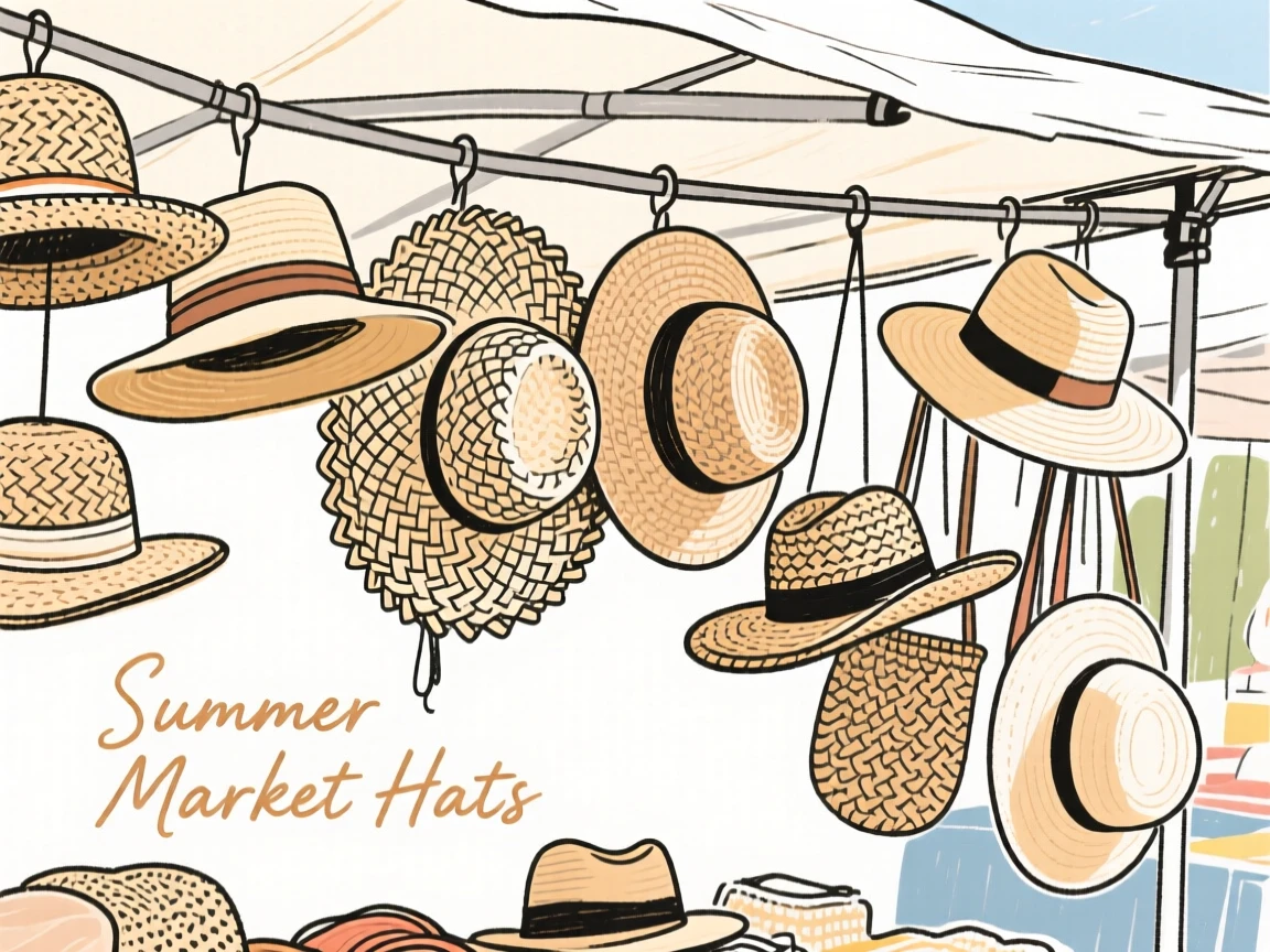 A display of woven sun hats hanging in an outdoor market stall.