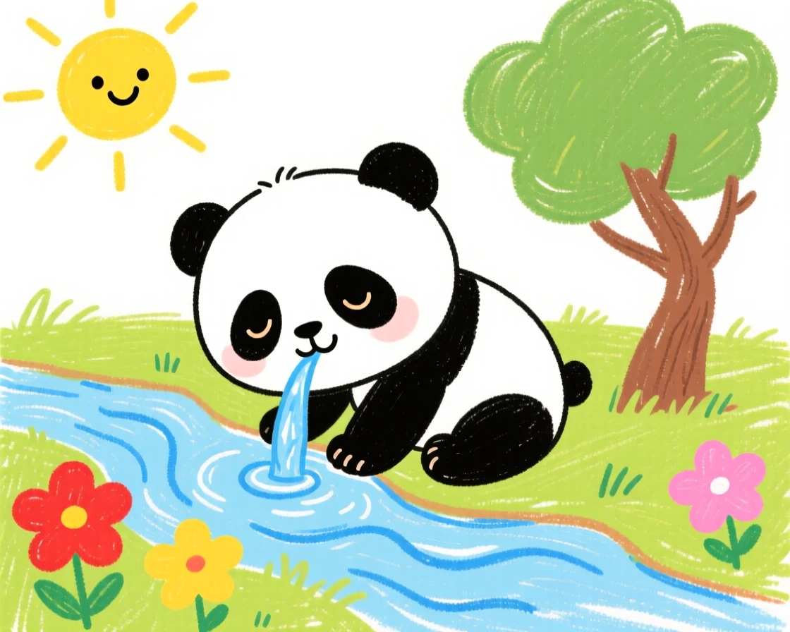 A sleepy panda cub drinking from a small crystal-clear stream.