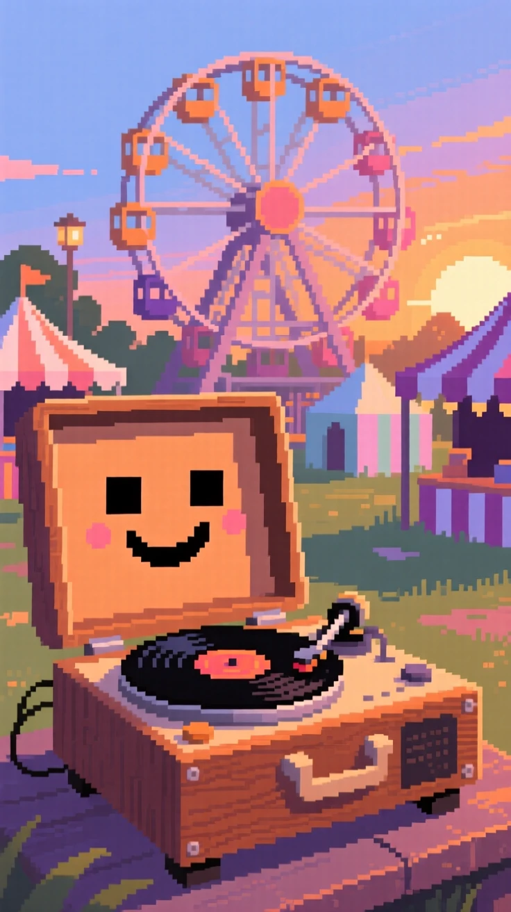 An old record player spinning a vinyl disc laughing together on a warm summer evening, at a small-town fair with a ferris wheel.