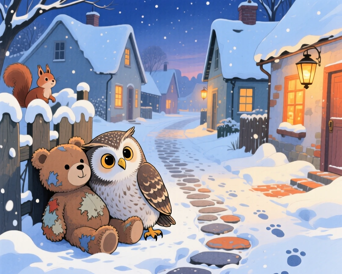 A curious owlet resting its head on a favorite worn-out teddy bear, set in a snowy village street lined with warm lantern light, full of playful curiosity.