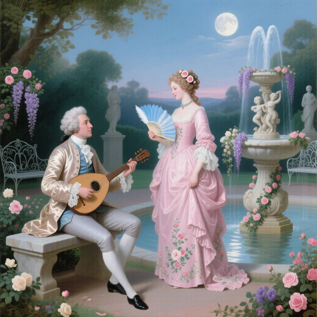 A gentleman serenading a lady beside a moonlit fountain  