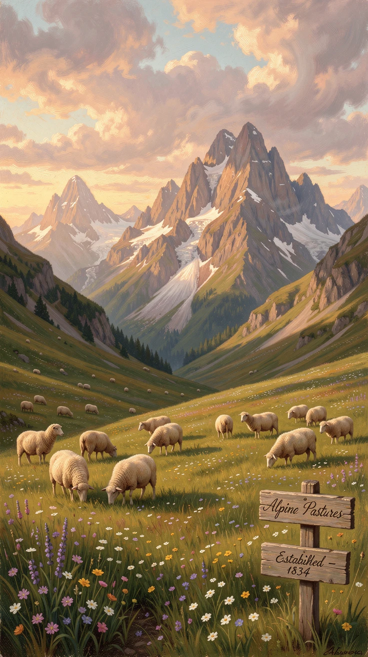 An alpine meadow scattered with grazing sheep.
