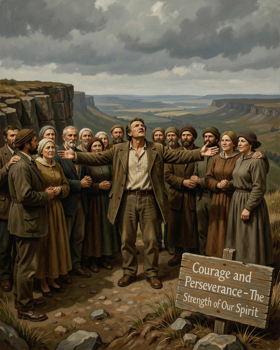 A person standing at the edge of a cliff, arms outstretched, embracing the wind, with the surrounding crowd or community sharing in the emotion, celebrating courage, perseverance, and the strength of the human spirit