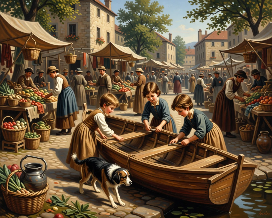 Children building a small boat to sail on a village pond in a scene both modest and deeply human, set within a bustling market square filled with color and life, with children's laughter and a stray dog weaving underfoot; warm natural light elevates a humble scene into something timeless, evoking dignity, warmth, and the quiet poetry of daily life.