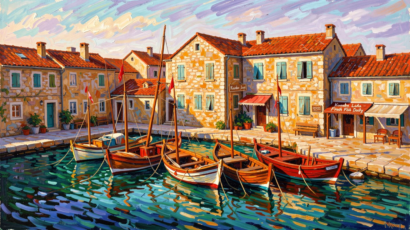 A quiet fishing village in Croatia with boats bobbing gently in a turquoise harbor.