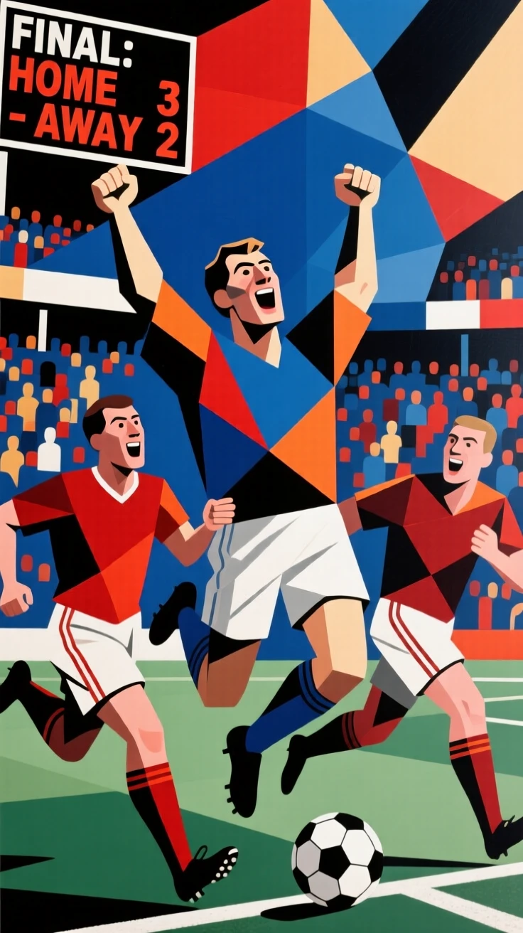 A soccer player celebrating a winning goal as teammates rush in to embrace.