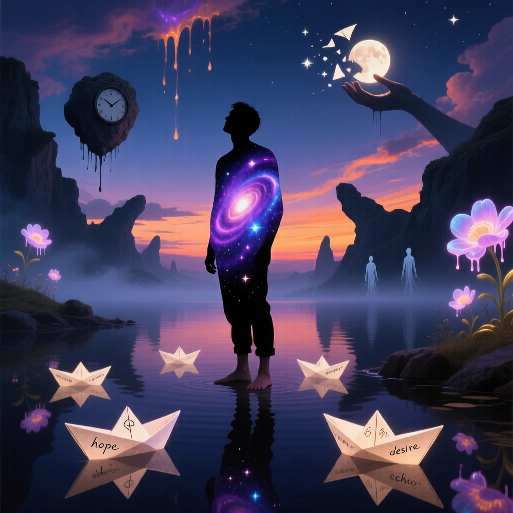 A man whose silhouette is filled with a swirling galaxy waits patiently at the edge of a still, dark lake, as tiny paper boats drift past their feet.