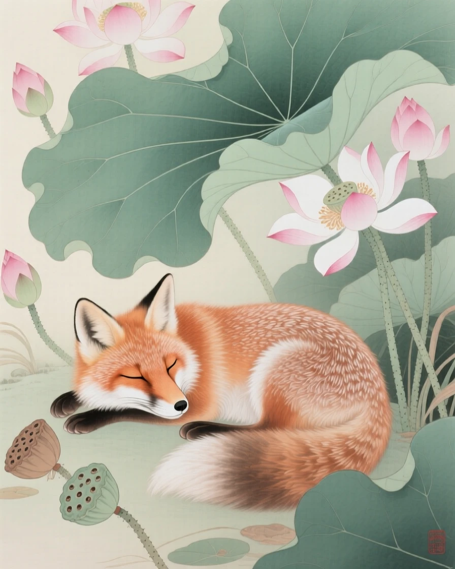 A fox resting in the shade of a lotus leaf