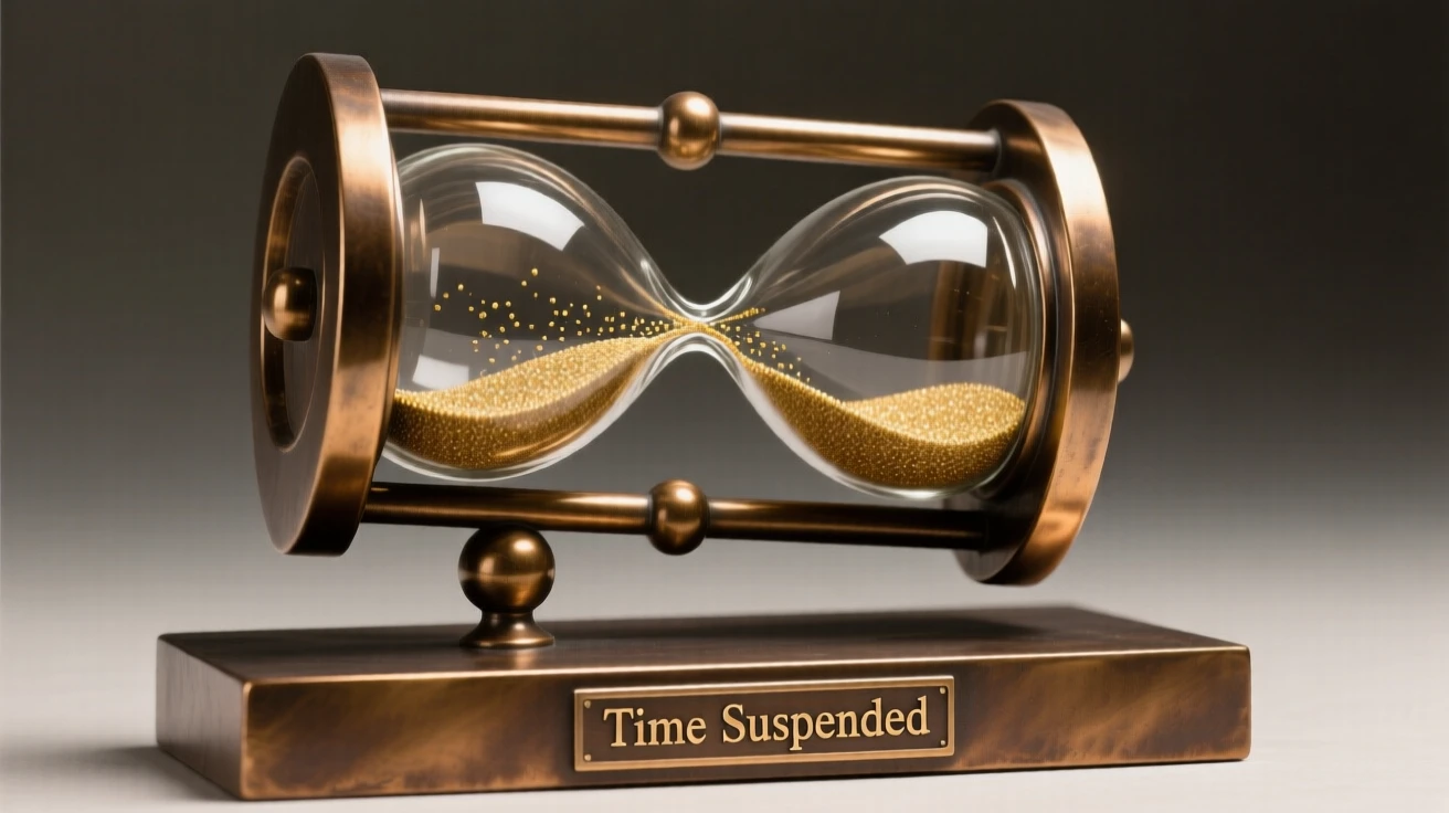 An hourglass with golden sand suspended mid-fall, symbolizing time, composed with striking clarity and a strong central focal point, evoking deep emotional resonance