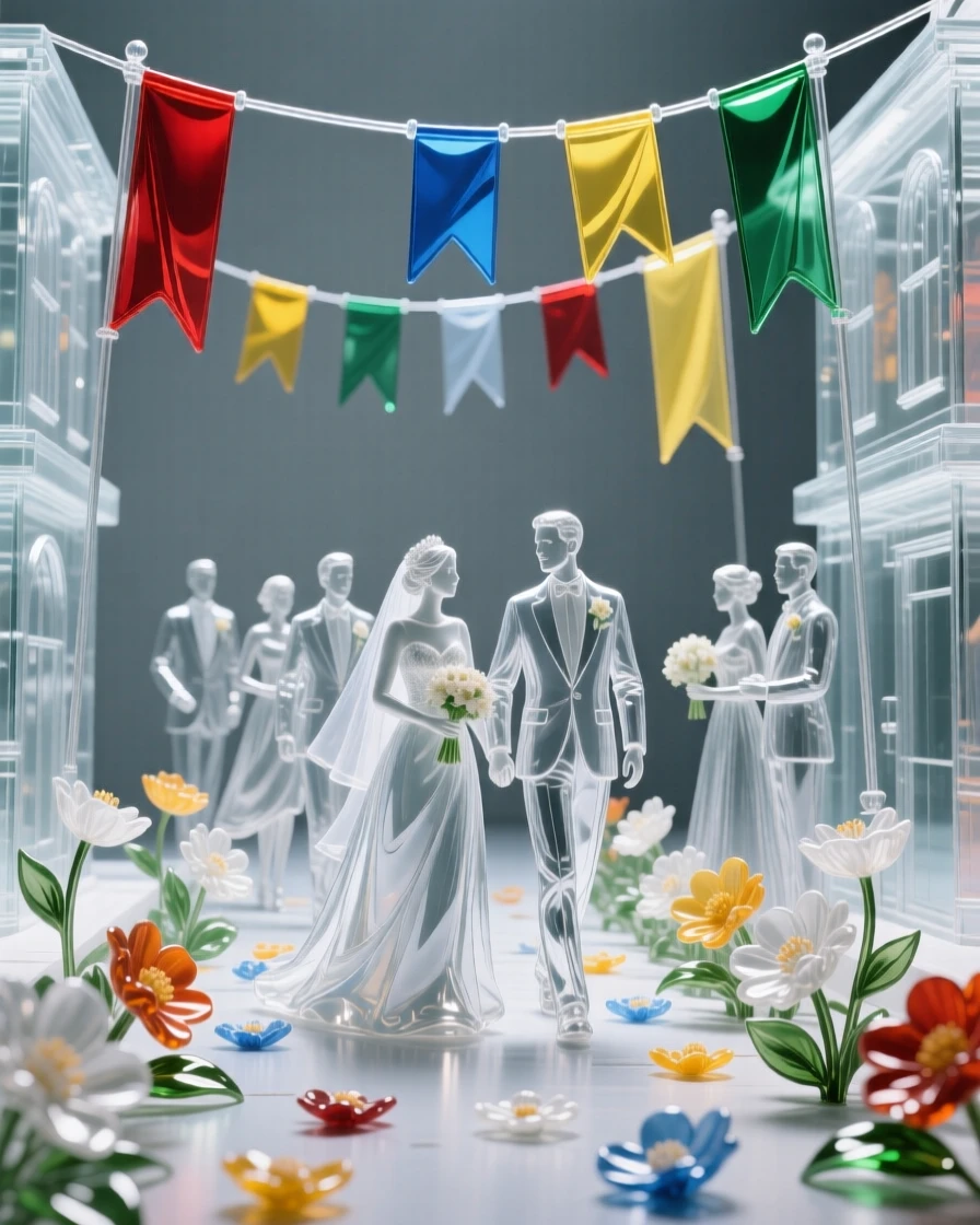 A wedding procession moving through a flower-strewn street, beneath strings of colorful flags stretched between buildings
