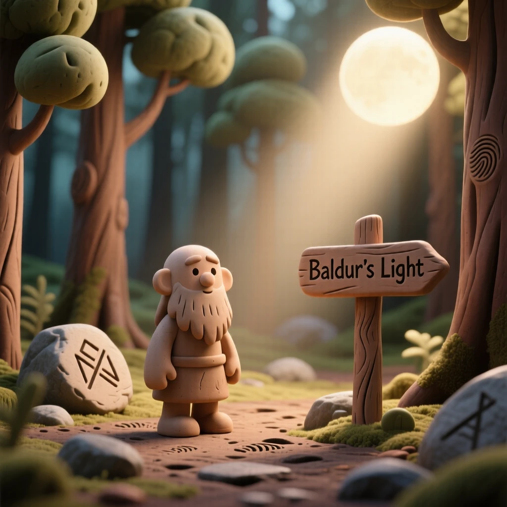 Baldur's light shining softly through a Norse forest clearing