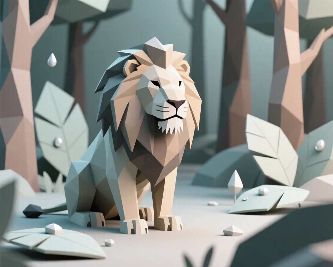 A majestic lion with a flowing mane, in a quiet, dew-covered forest. the composition centers the subject with a shallow depth of field. There is a sense of quiet wonder.