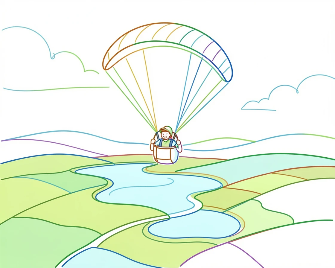 A paraglider soaring above a patchwork of green valleys and lakes.