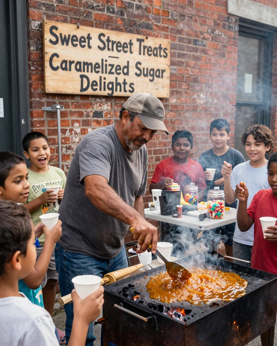 A street vendor caramelizes sugar over hot coals for a crowd of eager children.