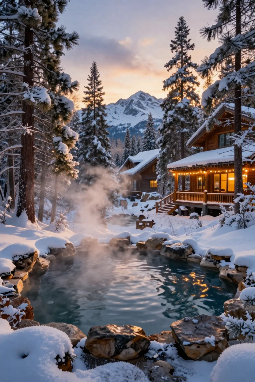 A hot spring resort nestled among snow-covered pines in the mountains