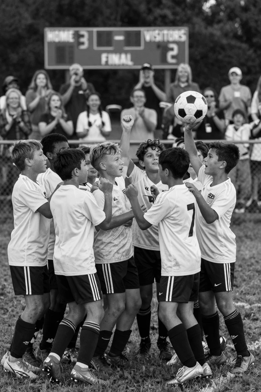 A young soccer team celebrates a hard-fought victory before a cheering crowd.