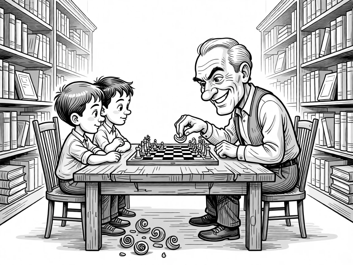 A grandfather beating his grandkids at checkers with a sly grin, carving delicate curls of wood onto the floor, set among tall shelves in an old library. A worn checkerboard shows decades of use. The image honors a lifetime of stories worth telling.