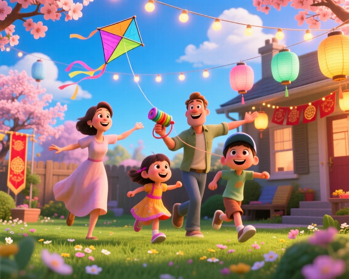 A family flying kites at a spring festival happens in a backyard strung with paper lanterns, with warm string lights glowing overhead. The atmosphere glows with tradition and family warmth.