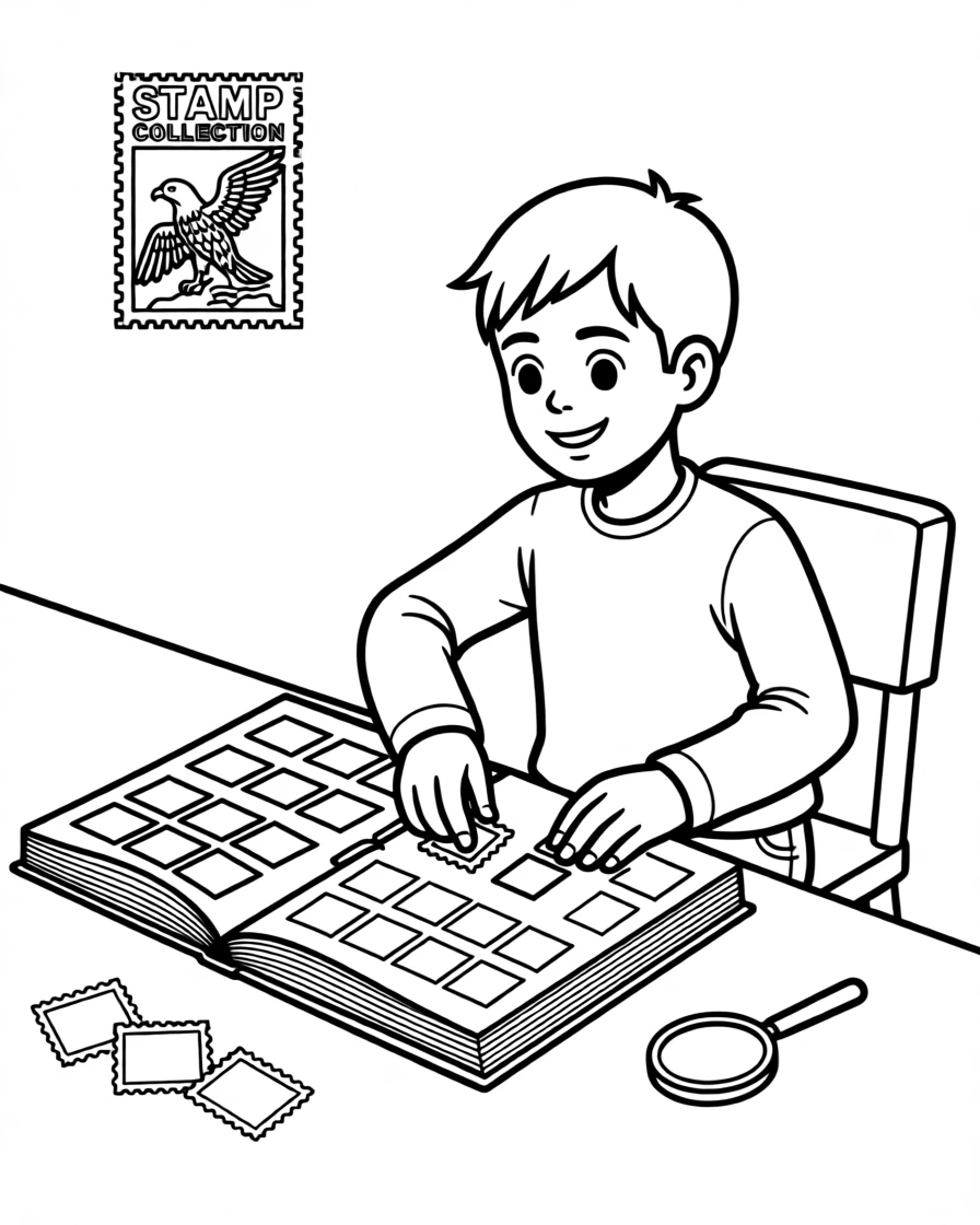 A young stamp collector organizing stamps in an album