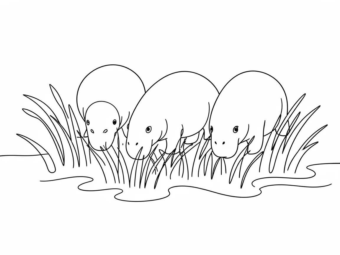 A group of manatees grazing on seagrass in a shallow lagoon
