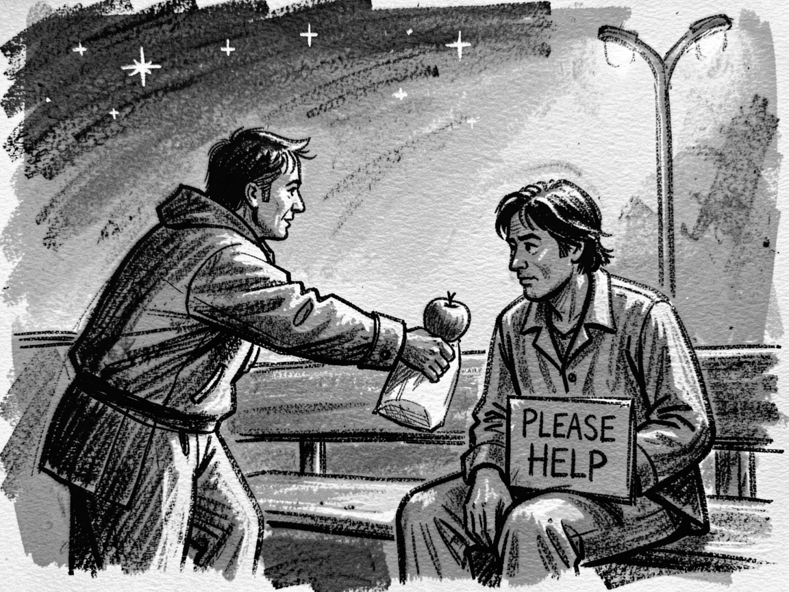 A volunteer handing food to someone in need, as the first stars appear overhead.
