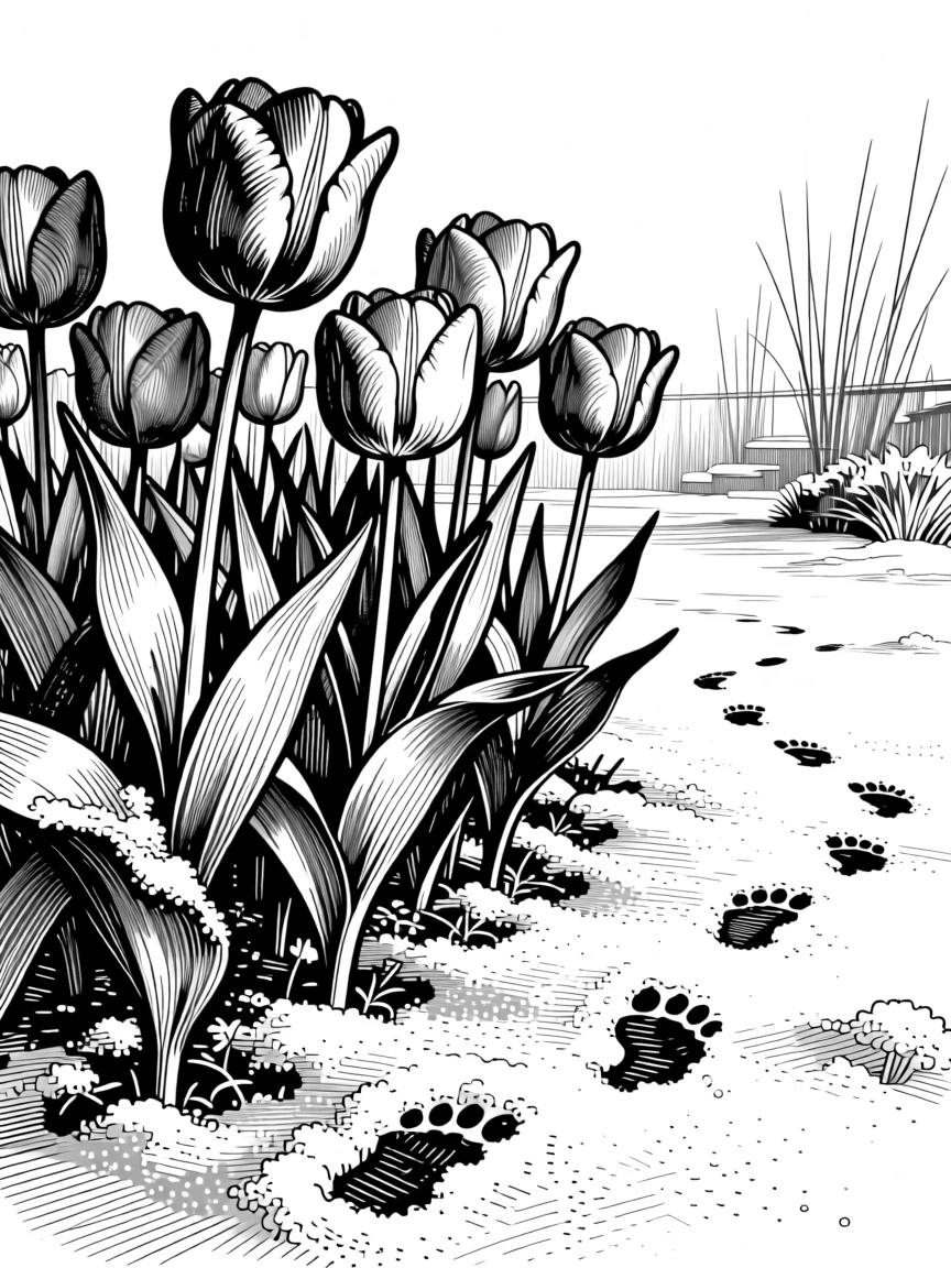 A spring garden bursting with blooming tulips as morning frost coats the ground, with footprints trailing through fresh snow, capturing a full of holiday spirit seasonal moment.