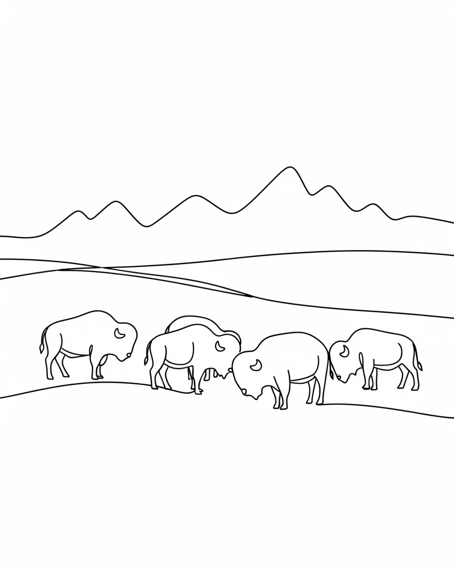 A herd of bison grazing across a wide golden prairie beneath distant mountains
