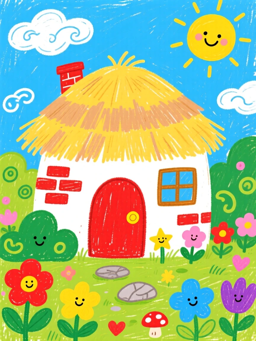 A charming cottage with a thatched roof and blooming garden.