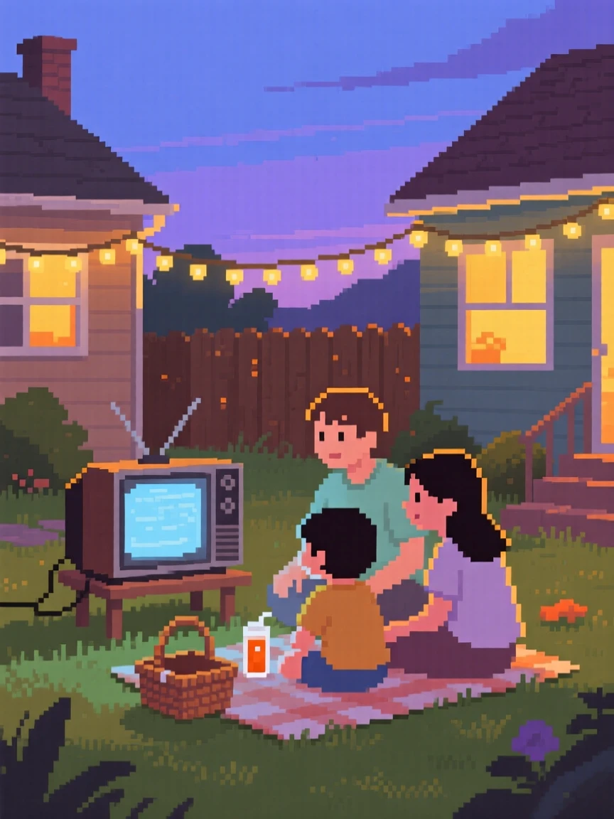 A family gathered around an old television lit by string lights strung between houses, in a backyard set up for a summer evening.