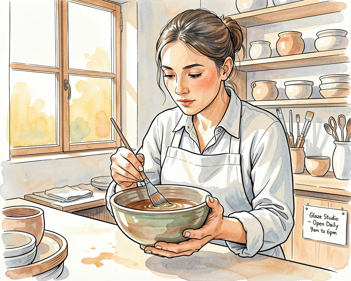 A ceramicist glazing a finished bowl in a sunlit studio, focused concentration evident in every careful movement.