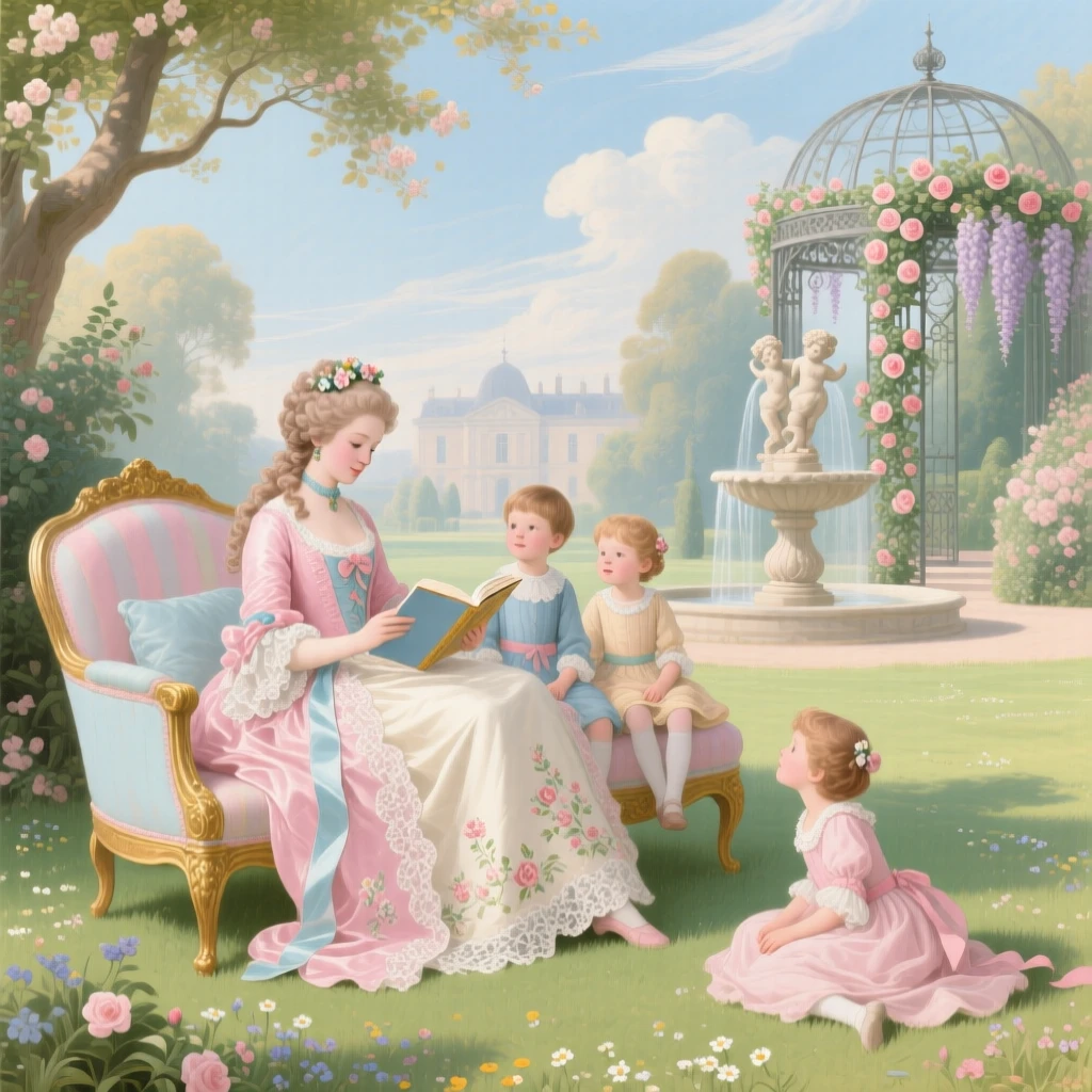 A princess reading stories to children on a sunny garden lawn  