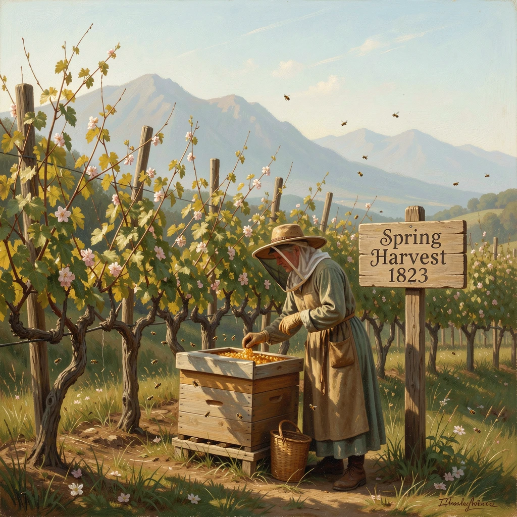A beekeeper gathers the last of the harvest in a vineyard climbing a gentle hillside on a crisp morning in early spring.