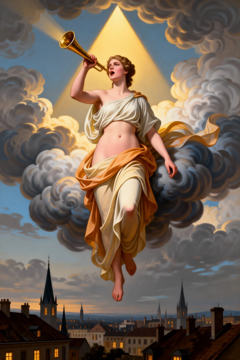 A figure of Fame sounding her trumpet over a sleeping city in a gesture that speaks to all of humanity, set amid swirling clouds suspended between earth and sky, with a single ray of light illuminating the central symbolic gesture; a triangular arrangement lends the scene classical stability and gravity, suggesting hope, transformation, and the endurance of the human spirit.