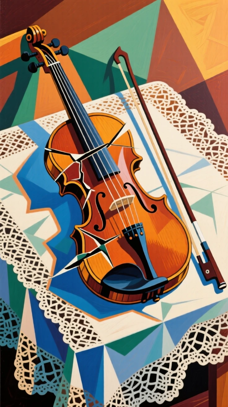 An elegant still life featuring a violin and bow on a lace tablecloth in warm afternoon light.