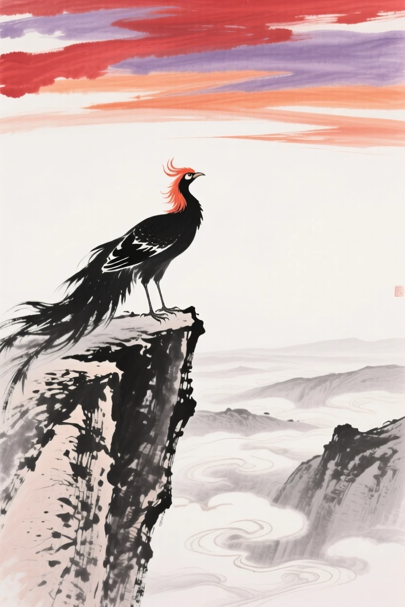 A phoenix perches on a cliff edge overlooking a valley of clouds, beneath a sky streaked with brilliant color.