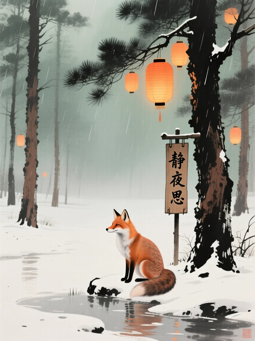 A fox pausing at the edge of a snowy forest clearing, in a gentle drizzle, as lanterns are lit for the evening.
