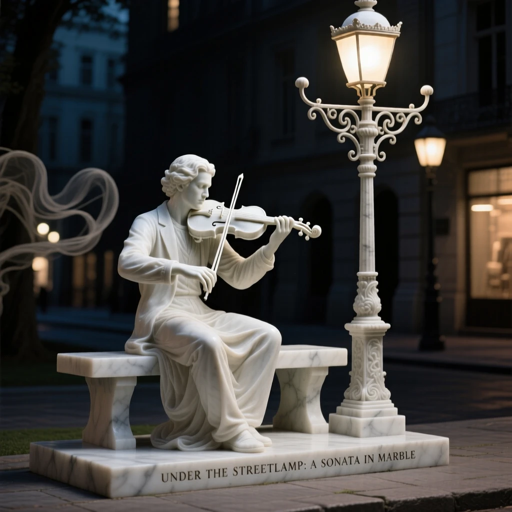 A beautifully composed image of a violin player performing beneath a streetlamp, surrounded by soft, glowing light, full of atmosphere and visual storytelling