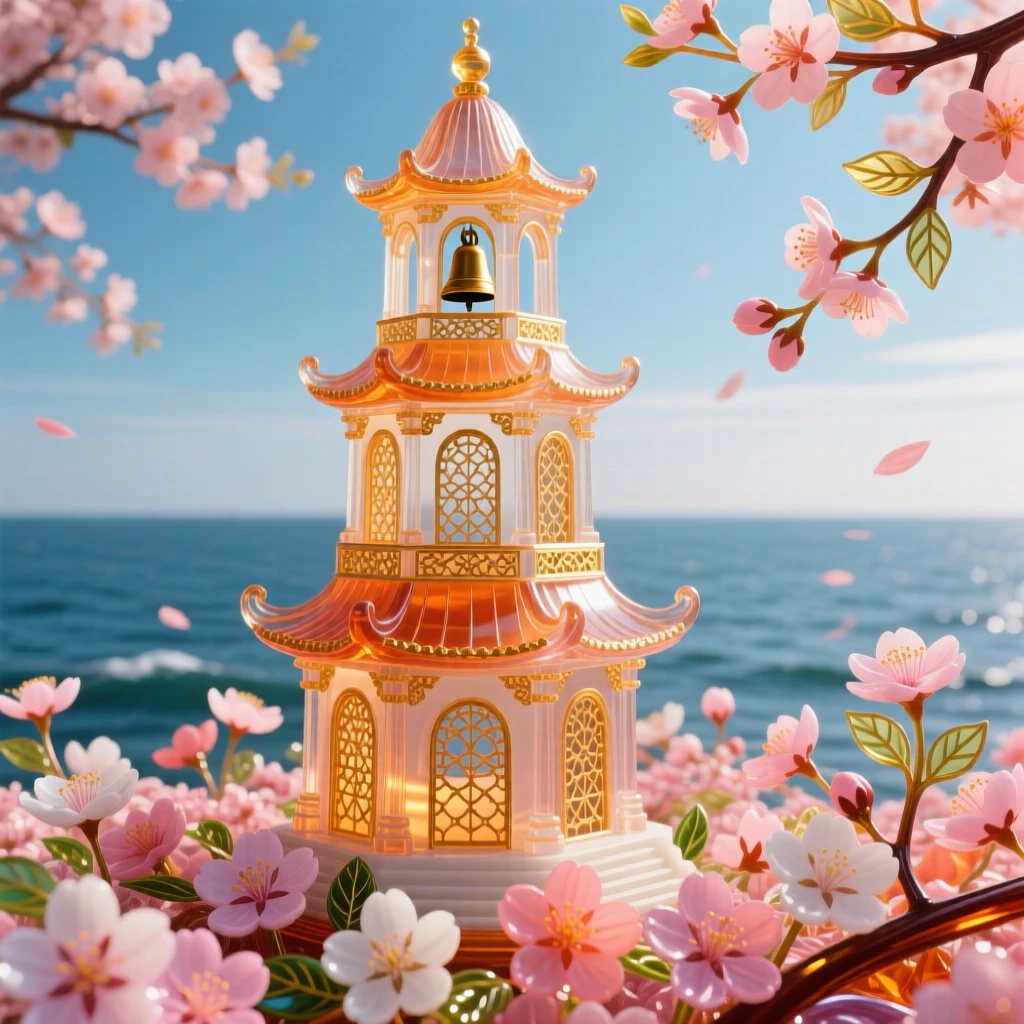 A grand temple bell tower rising above a sea of blossoming cherry blossoms, serene and iconic.