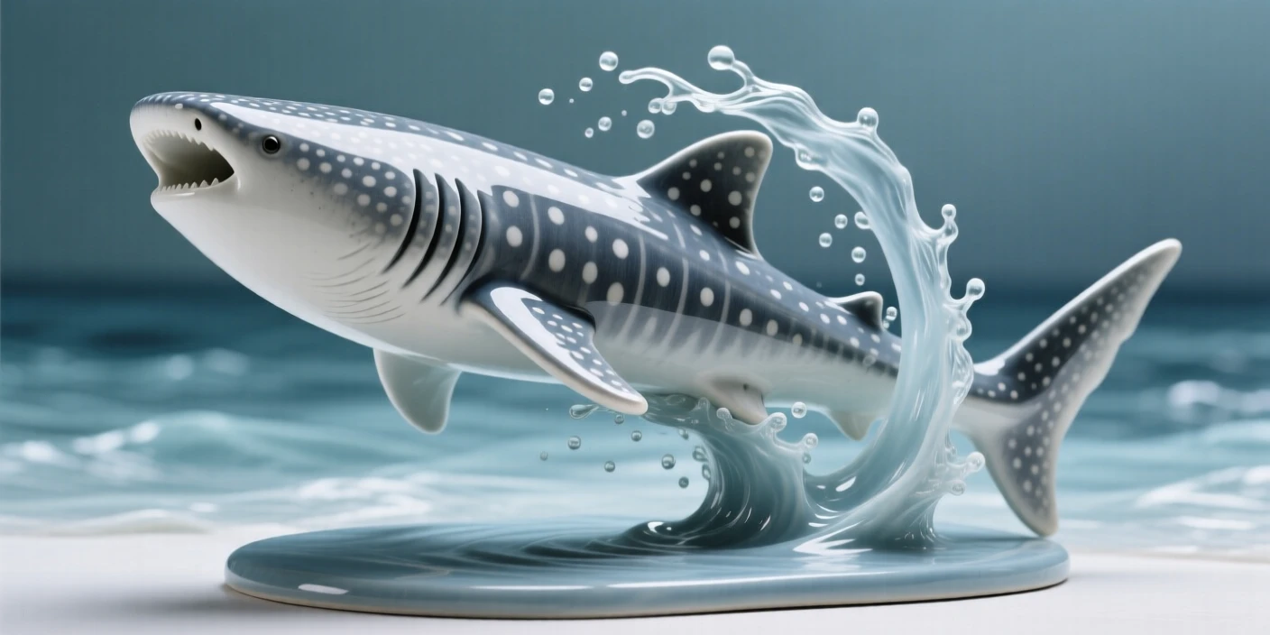 A whale shark gliding gently through open water breaching in a dramatic arc of spray, its fins trailing like delicate ribbons, conveying calm, fluid tranquility.
