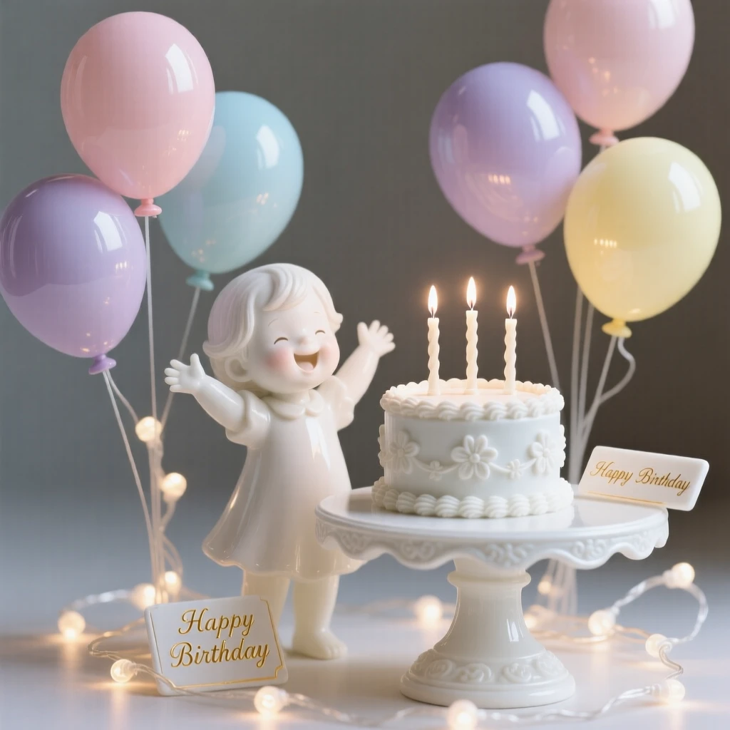 A joyful a birthday celebration with balloons and cake scene, softly glowing from strings of light.